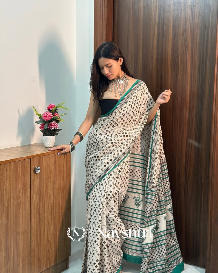 Image00001 Cream Color 1 Minute Ready To Wear Mulmul Cotton Digital Printed Saree With Pocket - Image 1