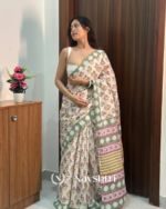 White Color 1 Minute Ready To Wear Mulmul Cotton Digital Printed Saree With Pocket