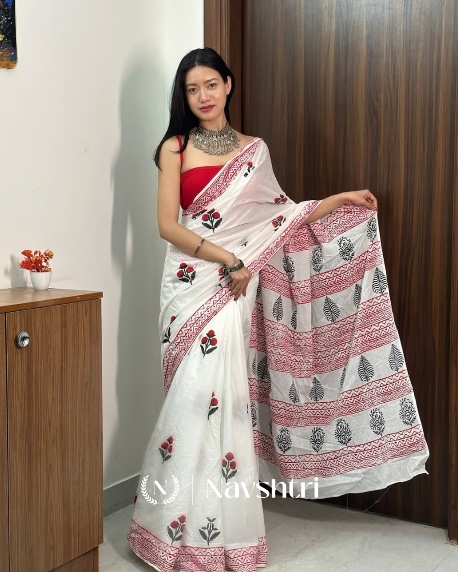 Image00001 White Color 1 Minute Ready To Wear Mulmul Cotton Digital Printed Saree With Pocket - Image 1