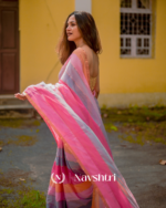 Gulab Surya - Pink & Saffron Striped Linen Saree with Blouse Piece - Image 3