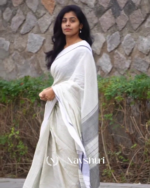 Divya Rekha - White Linen Saree with Lining Stripe & Pallu Lining Design with Blouse Piece - Image 2