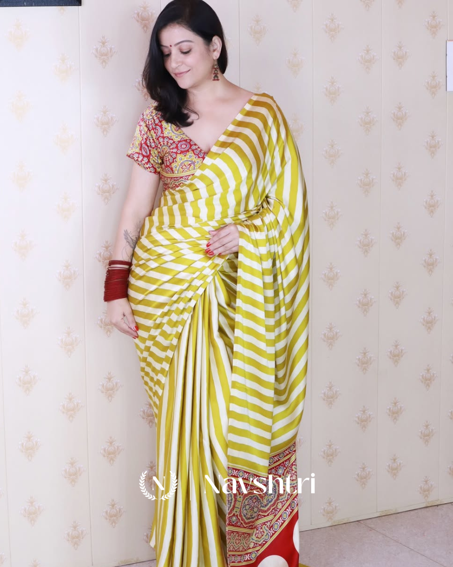 Image00002 Mustard Yellow Color 1 Minute Ready to Wear Digitial Printed Crape Silk Saree - Image 1