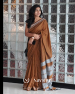 Tejas Dhara - Saffron Linen Saree with Silver Border Design & Blouse Piece - Image 3
