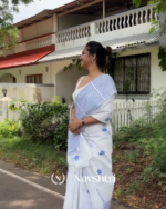 Sundar Mala - Elegant White Saree with Striped Pattern & Tiny Flower Motifs with Blouse Piece - Image 3
