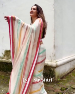 Pratham Jyot - Pure White Linen Saree with Vibrant Multicolor Stripe Border & Blouse Piece - Image 2
