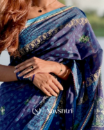 Samudra Jyoti - Graceful Navy Linen Saree with Small Detailing & Border with Blouse Piece - Image 3