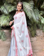 Tara Sindoor - Pure White Saree with Big Flower Print & Red Border with Blouse Piece - Image 2