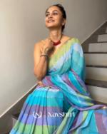 Megha Kamal - Blue & Pink Multi-Stripe Saree with Blouse Piece - Image 3