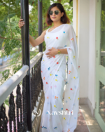 White Soft Mulmul Cotton Saree with Colorful Floral Embroidery, with Blouse Piece