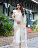 White Soft Mulmul Cotton Saree with Beautiful Multicolor Thread Embroidery, with Blouse Piece