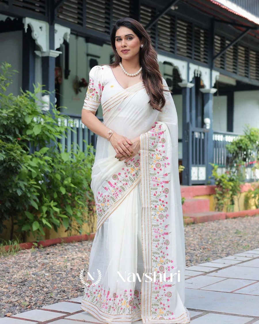 Image00002 White Soft Mulmul Cotton Saree with Beautiful Multicolor Thread Embroidery, with Blouse Piece - Image 1