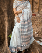 Shashi Varna - Pure White Linen Saree with Contrast Black Border & Blouse Piece - Image 2