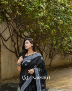 Tamas Rekha - Elegant Black Saree with Striking White Border & Blouse Piece - Image 3
