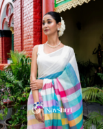 Indra Dhanu - Prism Glow White Linen Saree with Rainbow Center Design & Blouse Piece - Image 3