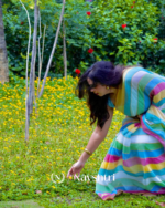 Swarna Rekha - Sunshine Stripes Yellow-Blue-Green-White Linen Saree with Blouse Piece - Image 3