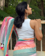 Neelanjali Sutra - Twilight Stripes Bottle Blue-Pink-Saffron Linen Saree with Blouse Piece - Image 2