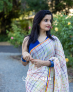 Shashi Lehar - Moonlight Checks White Linen Saree with Square Patterns & Border with Blouse Piece - Image 3