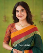 Green Mulmul Cotton Saree with Mustard & Maroon Contrast Borders (With Blouse) - Image 2
