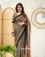 Coffee Brown Mulmul Cotton Saree with Black Border & Golden Detailing with blouse piece - Image 2