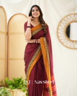 Maroon Mulmul Cotton Saree with Mustard Border & Woven Detailing, with Blouse Piece - Image 3