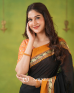 Black Mulmul Cotton Saree with Mustard Border & Elephant Weave, with Blouse Piece - Image 3