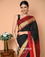 Black & Red Mulmul Cotton Saree with Golden Triangle Border, with Blouse Piece - Image 3