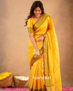 Yellow Tissue Cotton Saree with Olive Border & Pink Piping, With Blouse Piece - Image 4
