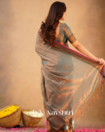 Teal Grey Tissue Cotton Saree with Copper Border & Pink Piping, With Blouse Piece - Image 7