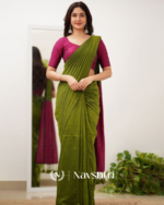 Green Mulmul Cotton Saree with Contrast Wine Blouse Piece
