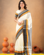 Classic White Traditional Mulmul  Cotton Saree with Contrast Border & Blouse Piece