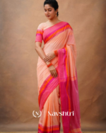 Peach Pink Mulmul Cotton Saree with Vibrant Contrast Border & Blouse Piece - Image 2
