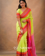 Lime Green Mulmul Cotton Saree with Pink & Orange Contrast Border & Blouse Piece - Image 2