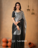 Black & Silver Tissue Cotton Saree with Blouse Piece - Image 2