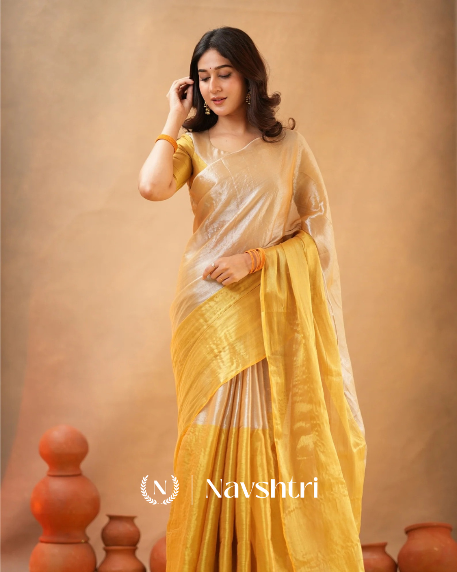 Image00002 Elegant Golden Tissue Cotton Saree with Matching Blouse Piece - Image 1