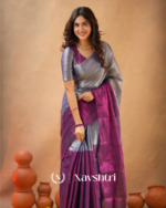 Purple & Silver Tissue Cotton Saree with Blouse Piece - Image 2