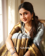 Silver & Mustard Tissue Cotton Saree with Blouse Piece - Image 3