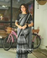 Black & Grey Striped MulMul Cotton Saree with Blouse Piece - Image 2