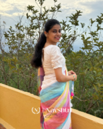 Megh Dhanush - White Linen Saree with Rainbow Stripes & Blouse Piece - Image 3