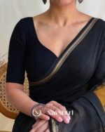 Black & Mustard Mulmul Cotton Saree with Blouse Piece - Image 2