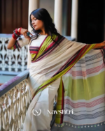 White Mulmul Cotton Saree with Multicolor Woven Striped Pallu & Matching White Blouse Piece - Image 2
