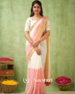 White & Peach Mulmul Cotton Saree with Golden Woven Border & Matching White Blouse Piece