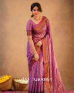 Lavender Tissue Cotton Saree with Copper Border & Blouse Piece - Image 3