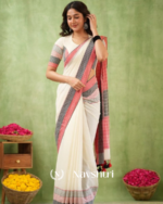 Ivory Mulmul Cotton Saree with Pink & Black Striped Pallu & Matching Ivory Blouse Piece - Image 2