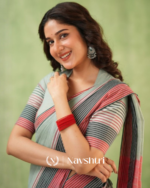 Grey Mulmul Cotton Saree with Pink & Black Striped Pallu & Matching Grey Blouse Piece - Image 3