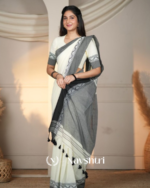 White MulMulmul Cotton Saree with Grey Border Motif & Matching Off-White Blouse Piece - Image 3
