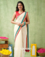 White Mulmul Cotton Saree with Teal & Pink & Gold Border & Red Blouse Piece
