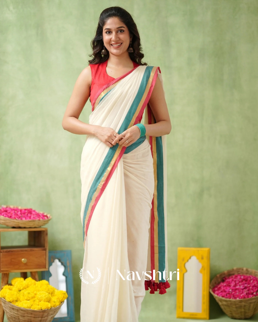 Image00002 White Mulmul Cotton Saree with Teal & Pink & Gold Border & Red Blouse Piece - Image 1