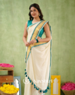 White Mulmul Cotton Saree with Teal & Gold Border & Matching Teal Blouse Piece - Image 3