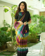 Black Mulmul Cotton Saree with Multicolor Striped Pallu & Matching Black Blouse Piece - Image 3
