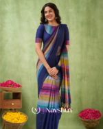 Navy Blue Mulmul Cotton Saree with Multicolor Striped Pallu & Matching Navy Blue Blouse Piece - Image 3